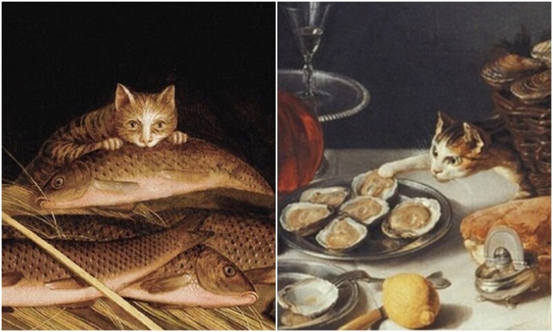 Коты, ворующие еду, с натюрмортов 17-18 века (19 фото)