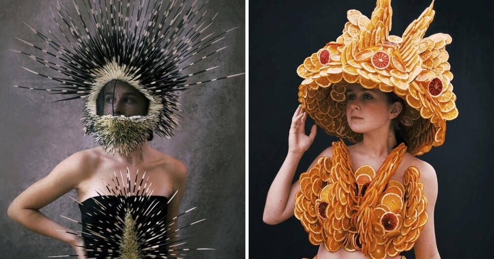 Shell, moss and pistachio shells: 17 outfits from a Brazilian artist, made from natural materials (18 photos)