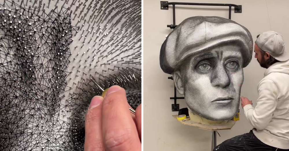 Artist working on a 3D portrait of Cillian Murphy made from thread and 78,000 nails (3 photos + 3 videos)