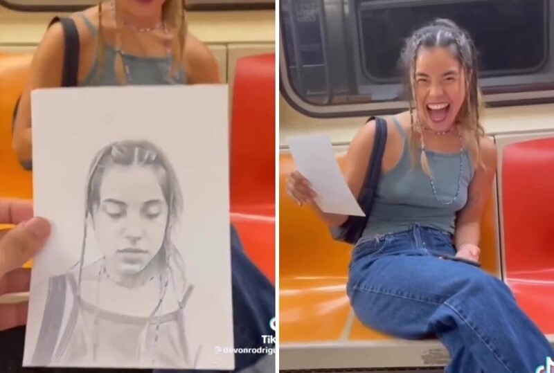 «Портрет за несколько минут»: художник рисует незнакомцев в метро и снимает их реакцию (16 фото + 1 видео)