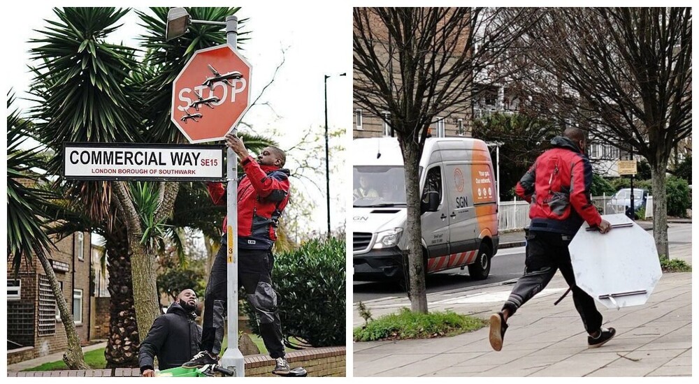 In London, a STOP sign with a Banksy drawing was stolen an hour after it appeared (4 photos + 2 videos)
