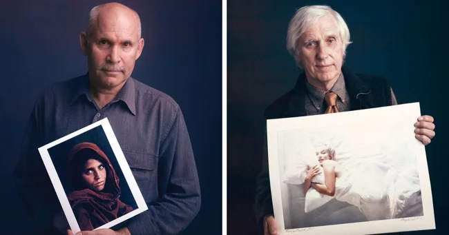 12 portraits of famous photographers posing with their legendary photographs (13 photos)