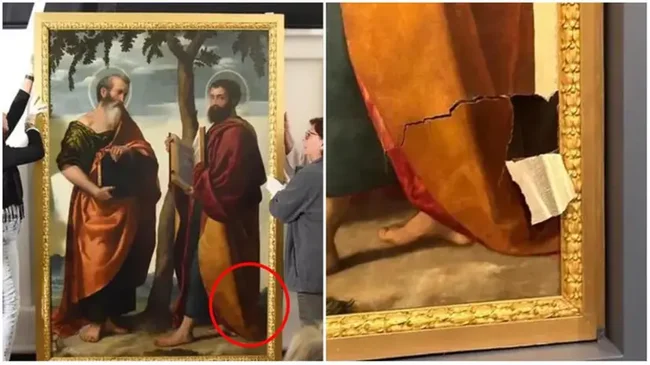 В Италии посетительница музея споткнулась и порвала картину XVI века (3 фото)