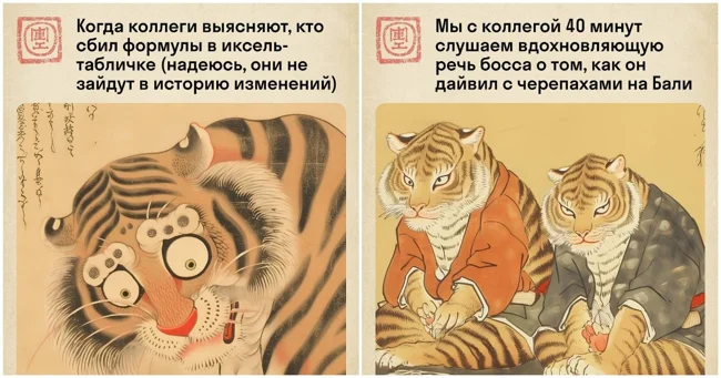 Жизнь работяги в стиле укиё-э: мемный тигр в суровых офисных буднях (9 фото)